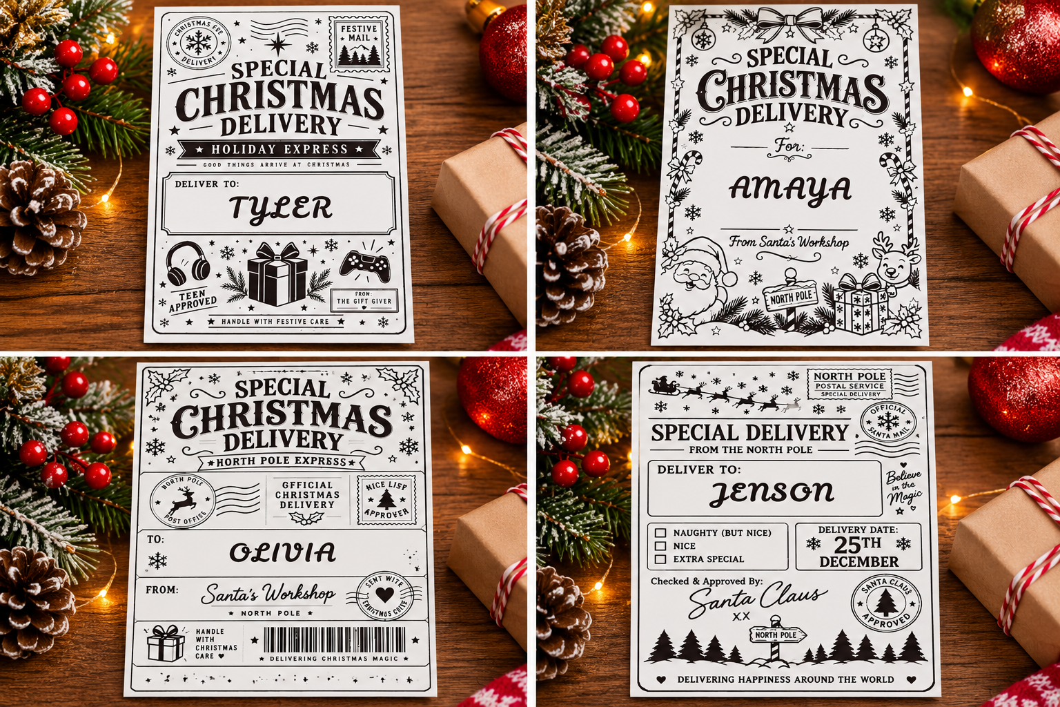 Four Christmas delivery label designs arranged in a numbered two-by-two guide