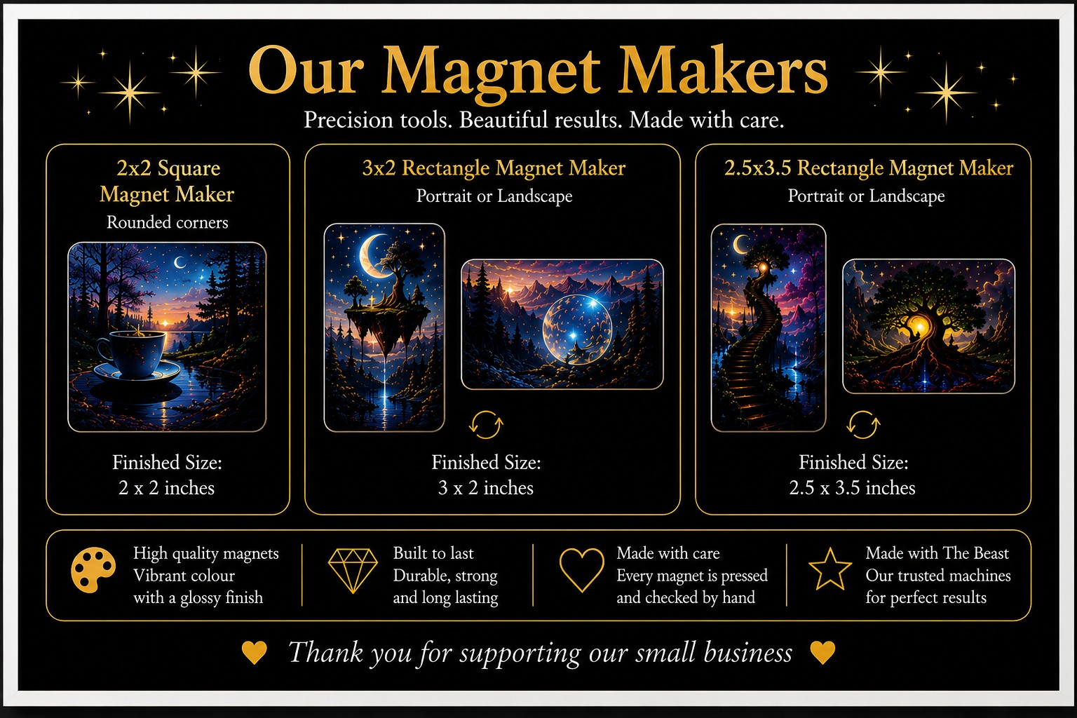 Magnet size guide showing the 2 by 2 inch rounded square magnet, the 3 by 2 inch portrait or landscape magnet, and the 2.5 by 3.5 inch portrait or landscape magnet