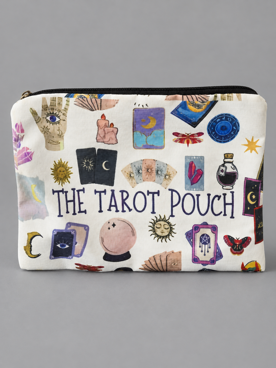 White Tarot Lined Pouch: 8.5 × 6.5 inches (approx. 21.6 × 16.5 cm) · zip fastening · lined