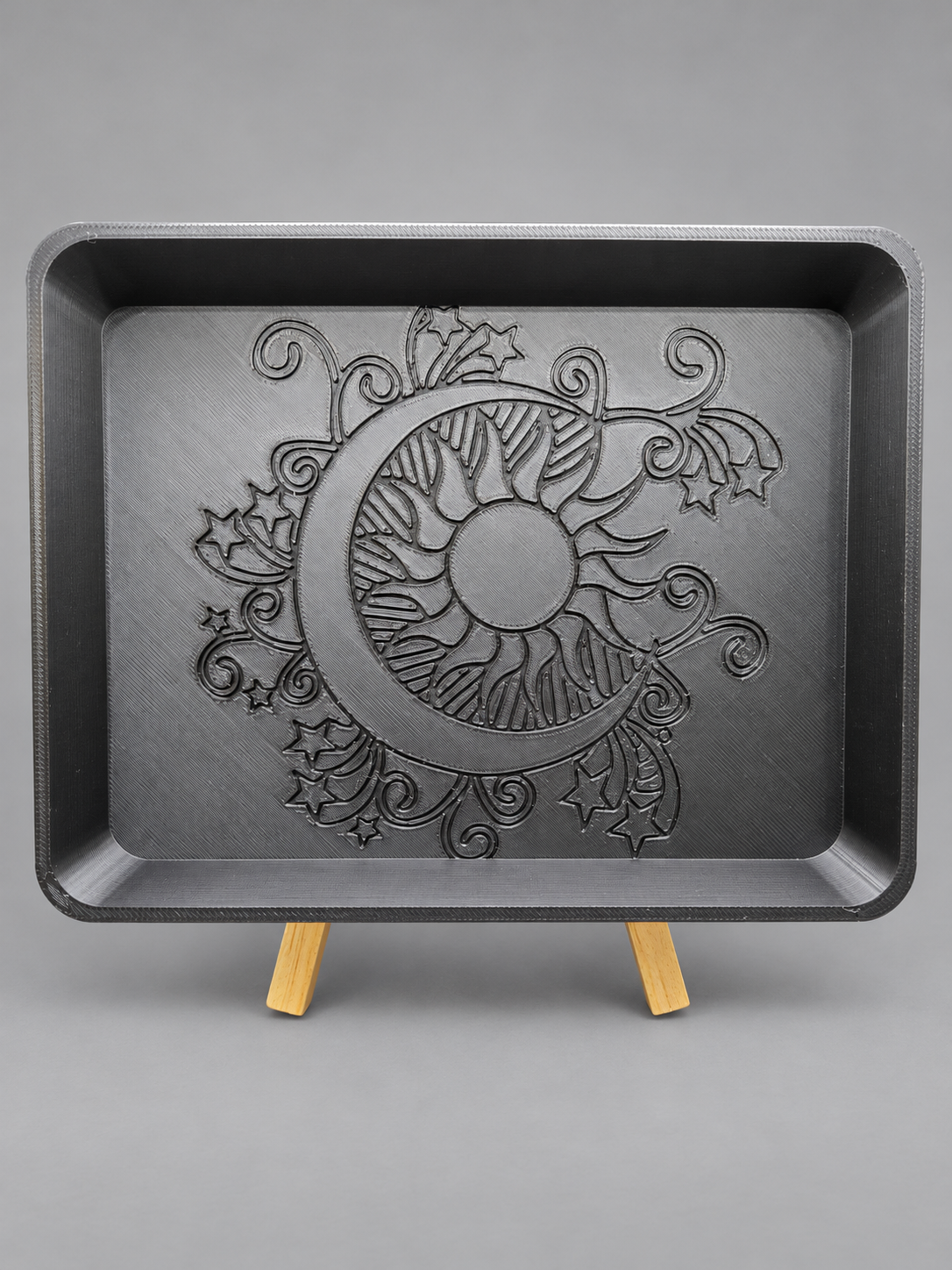 Black Sun & Moon Tray: 3D-printed · raised celestial design