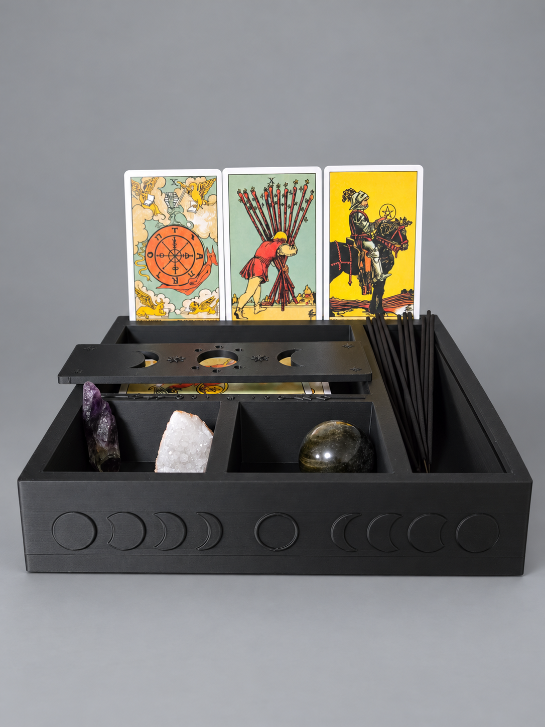 Tarot Altar Organiser: Card display, storage compartments and holder for unused incense sticks