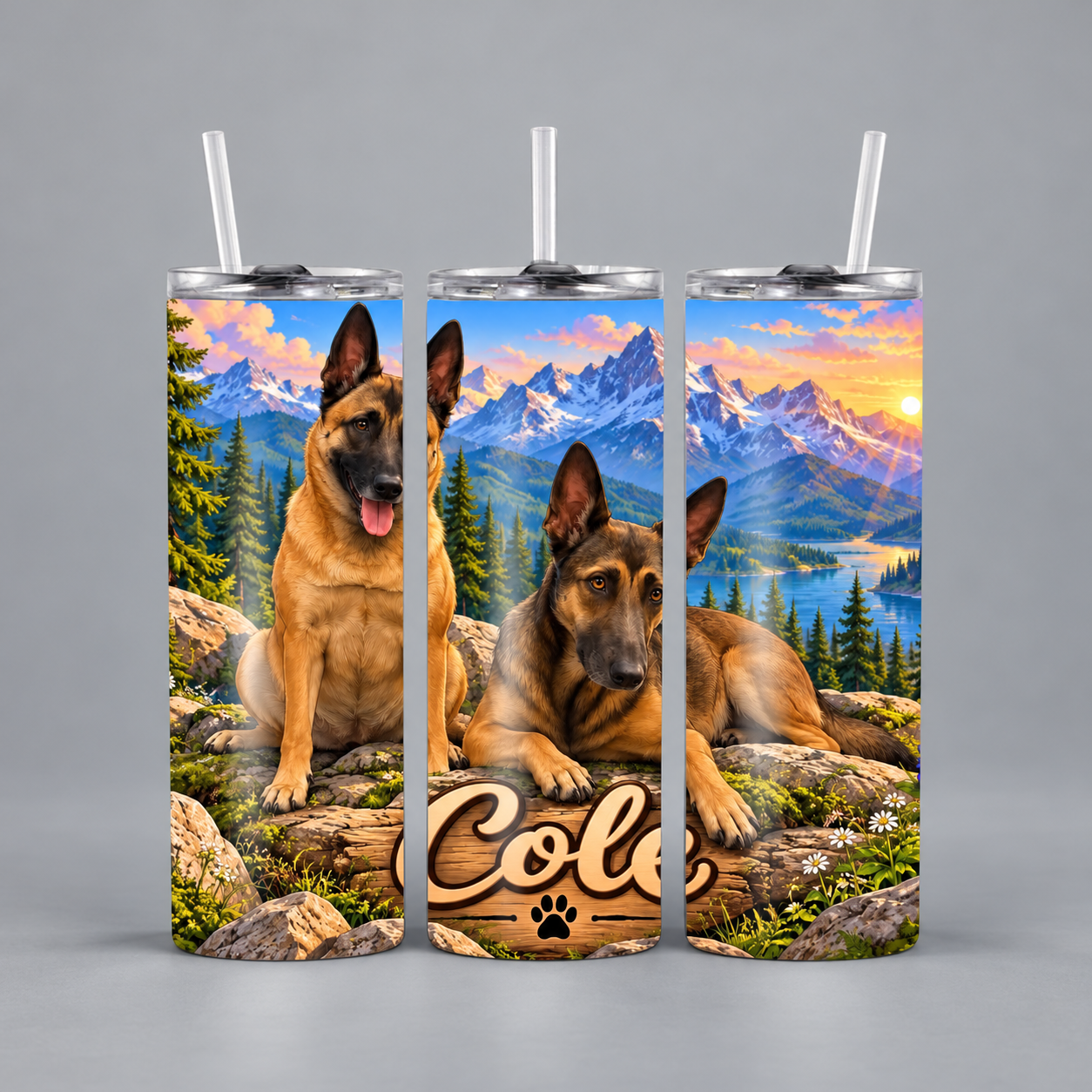 Personalised Cole tumbler showing two distinct dogs