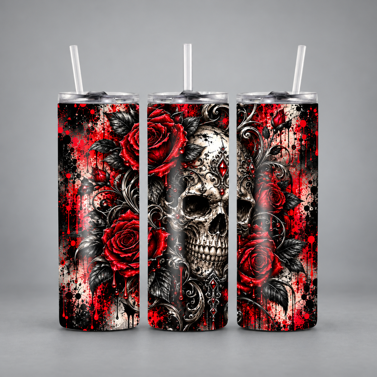 Gothic Skull Roses 20 oz tumbler shown from three sides